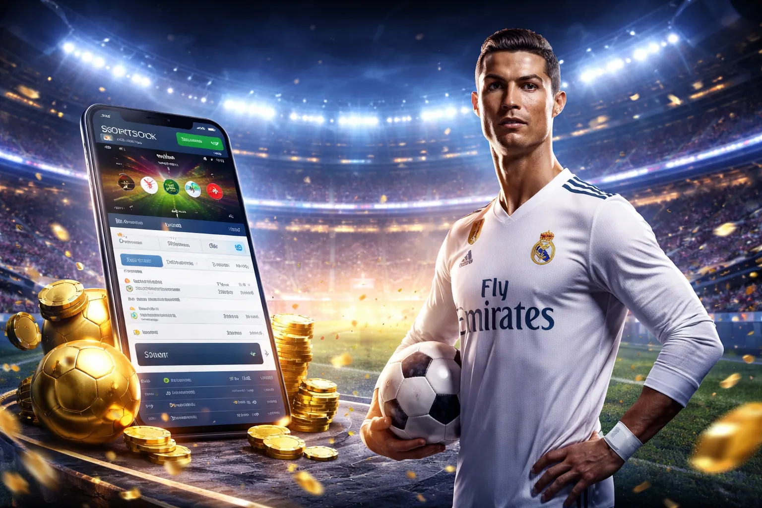 Sân vận động với trận đấu bóng đá đang diễn ra, ánh đèn rực rỡ và logo 12vegas apk nổi bật, thể hiện cá cược thể thao trực tuyến tại Việt Nam
